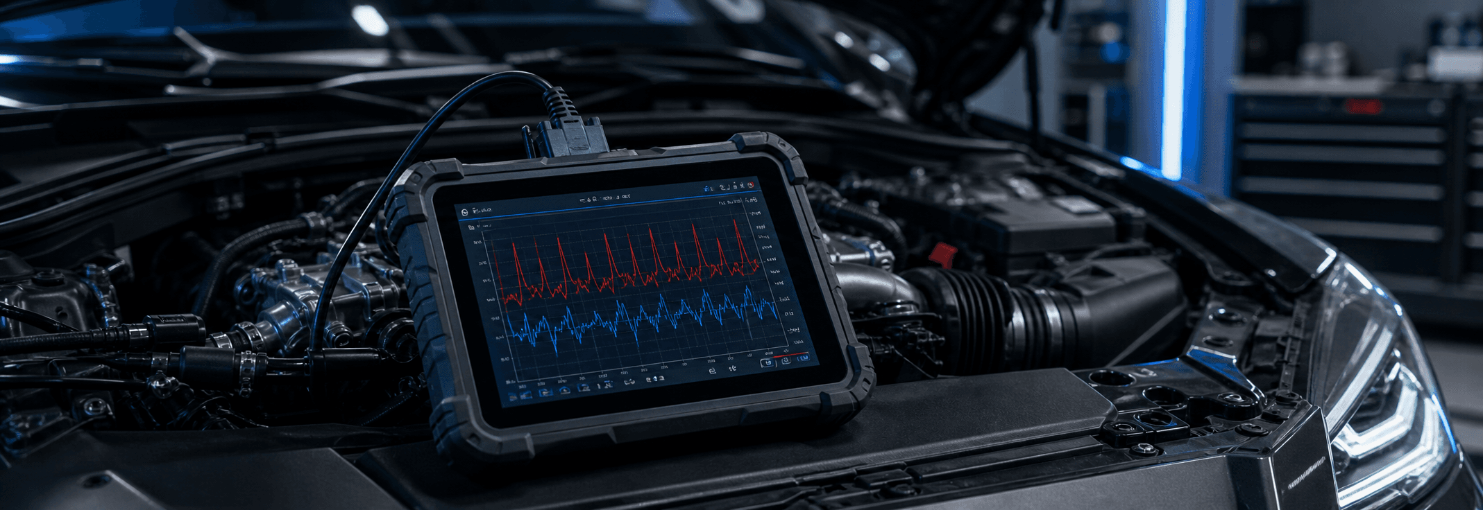 Diagnostic tablet displaying live vehicle data in a workshop